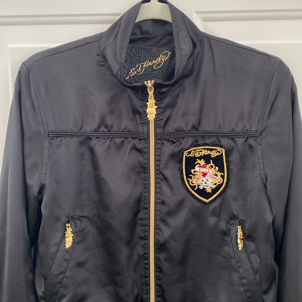 Ed Hardy Vintage Black Satiny Track Jacket - Skull Logo Hardware - Size Medium